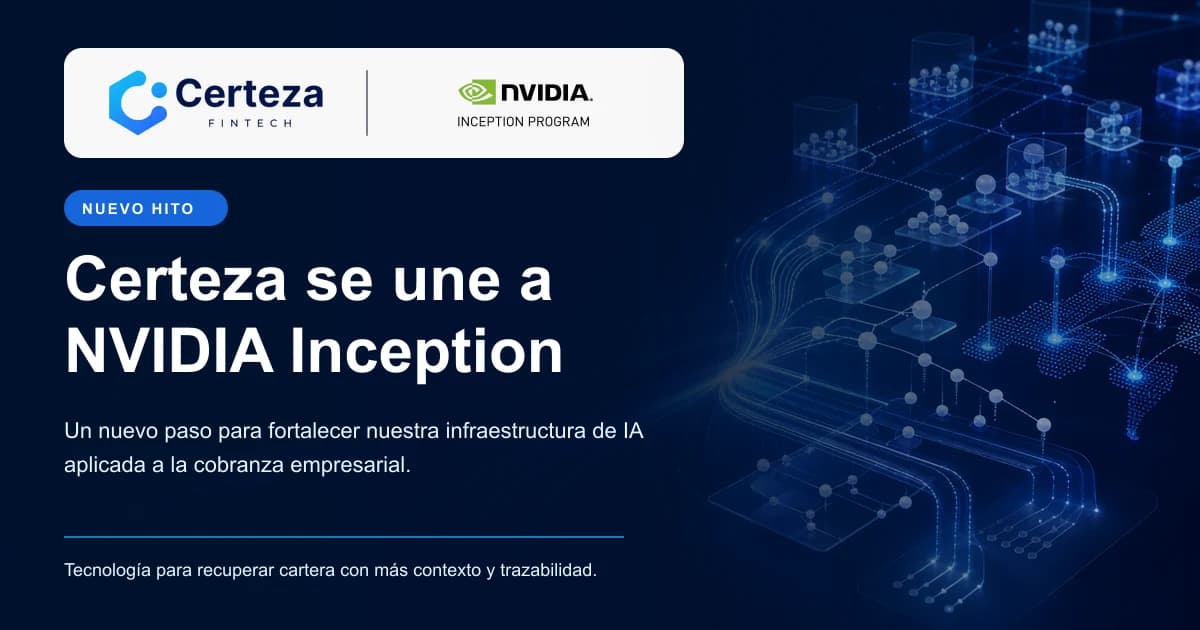 Red de datos y flujos de cobranza en tonos azules junto al anuncio de la membresía de Certeza en NVIDIA Inception