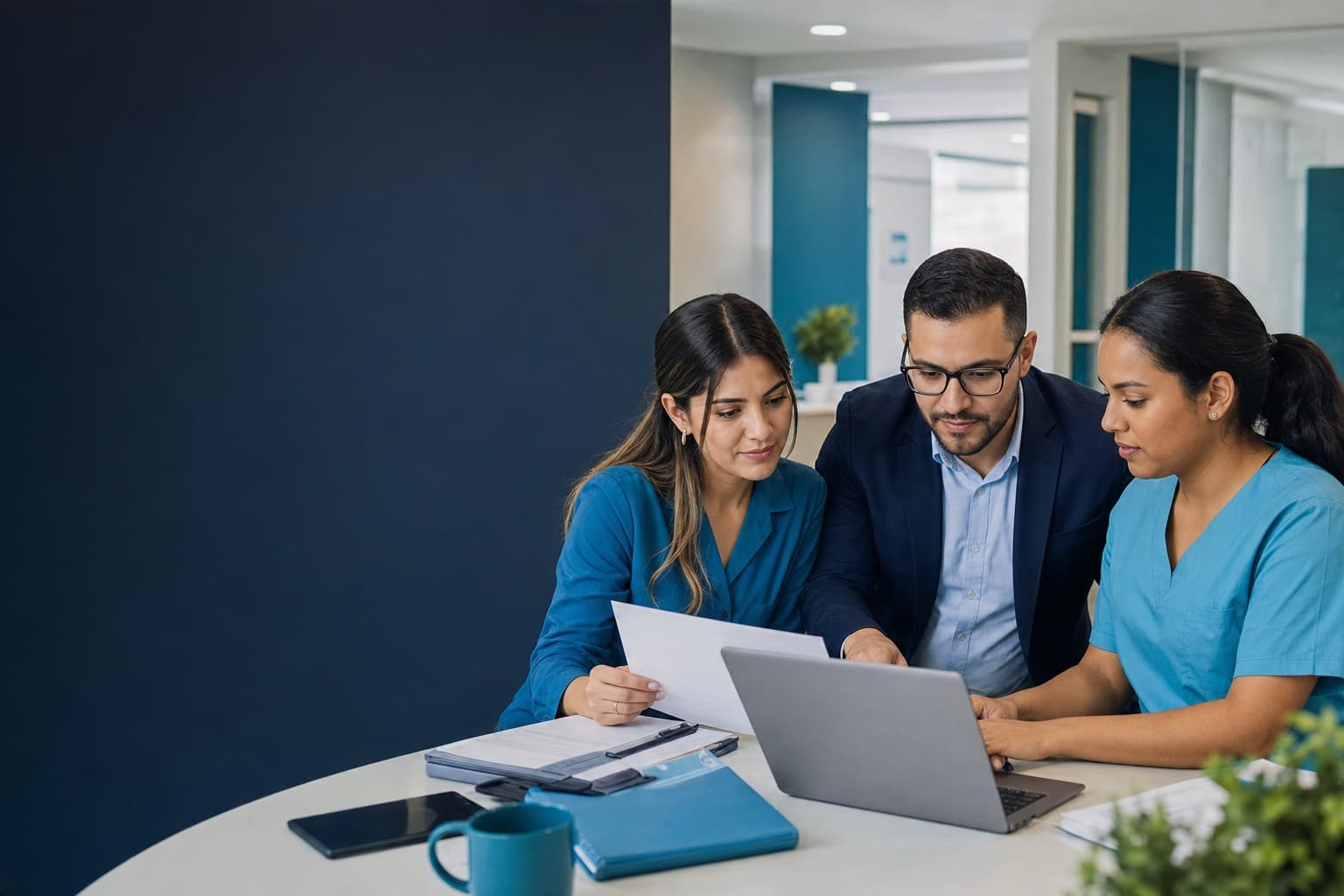 Equipo administrativo de una clínica privada revisando saldos y pagos