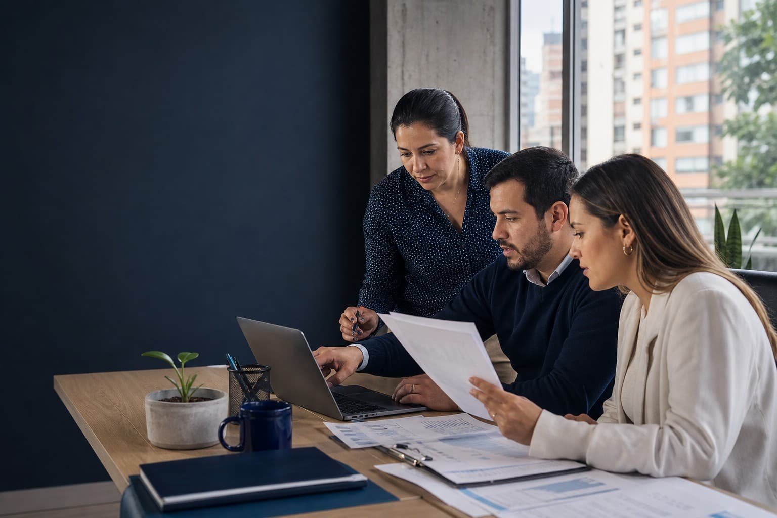 Property-management team reviewing leases, rent charges, and payments in an office