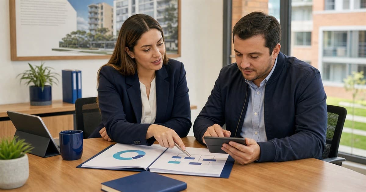 Administradora y especialista en cobranza revisando la estructura de honorarios de una copropiedad